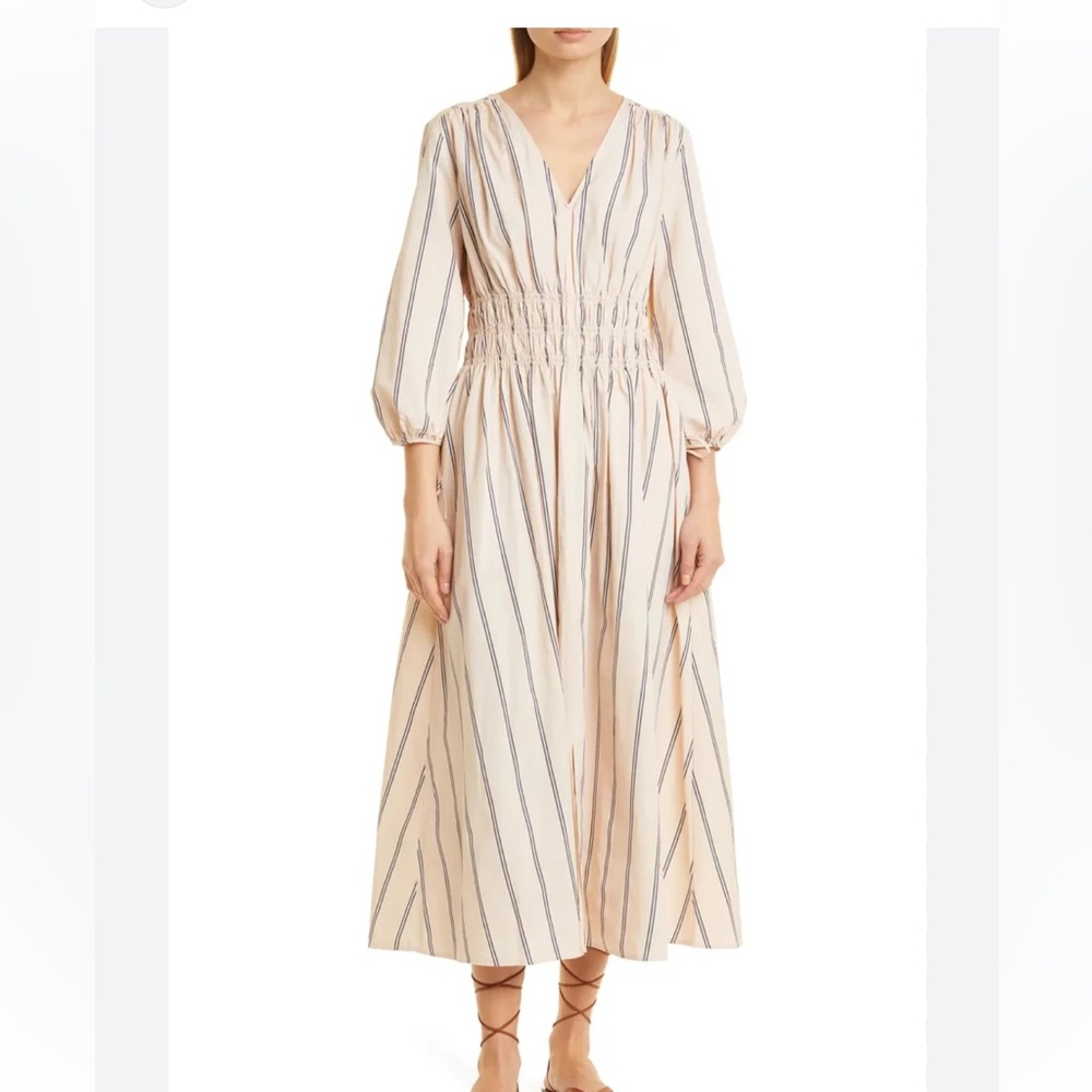 Nordstrom Signature Striped Poplin Long Sleeve Midi Dress in Beige Stripe NWT